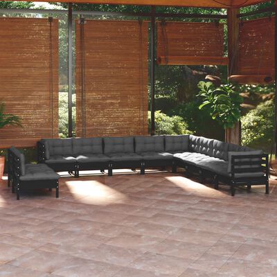 vidaXL loungesæt til haven 11 dele med hynder massivt fyrretræ sort