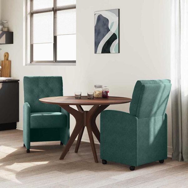 vidaXL Spisebordsstole med hjul 2 pcs Mørkegrøn 58 x 67 x 97 cm Fløjl