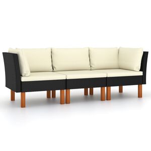 vidaXL 3-personers havesofa med hynder polyrattan sort