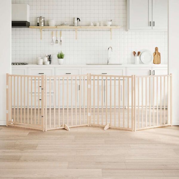 vidaXL hundegitter med d&oslash;r, foldbar, 4 paneler, 320 cm massivt tr&aelig;, gran