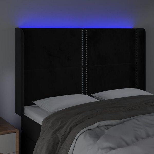 vidaXL sengegavl med LED-lys 147x16x118/128 cm fl&oslash;jl sort