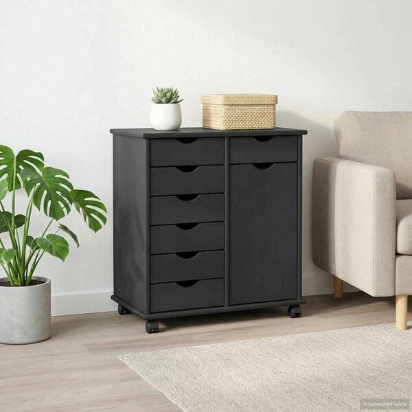 vidaXL Rullende skab med hjul Gr&aring; 63,5 x 39 x 65,5 cm Massivt fyrretr&aelig;