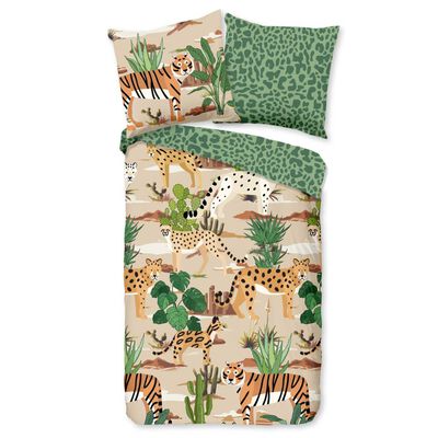 Good Morning sengetøj til børn FELINES 135x200 cm sandfarvet og grøn