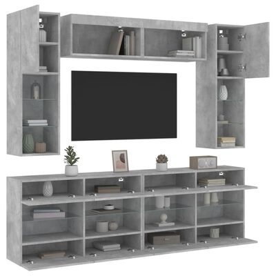 vidaXL væghængt tv-møbel 6 dele med LED-lys betongrå