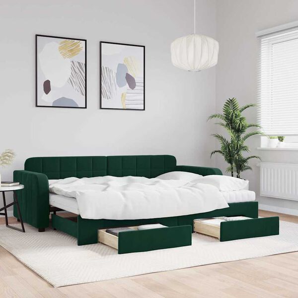 vidaXL daybed med udtræk og skuffer 80x200 cm velour mørkegrøn