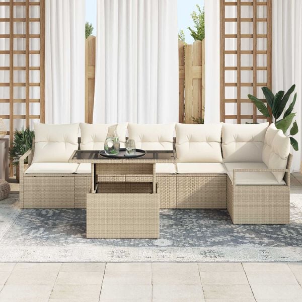 vidaXL Havesofa S&aelig;t med opbevaring 7 pcs Beige Poly rattan