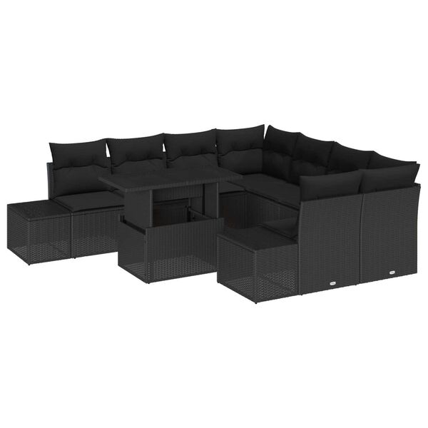 vidaXL Havesofa Sæt 9 pcs Sort Poly Rattan og pulverlakeret stål