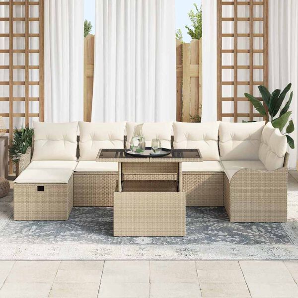vidaXL Havesofa S&aelig;t med pude med opbevaring 8 pcs Beige Poly rattan
