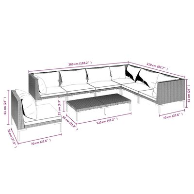 vidaXL loungesæt til haven 8 dele med hynder polyrattan mørkegrå
