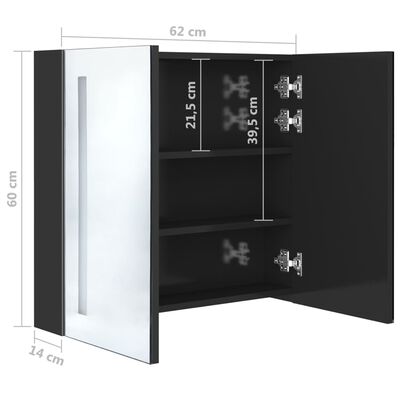 vidaXL badeværelsesskab med spejl + LED-lys 62x14x60 cm skinnende sort