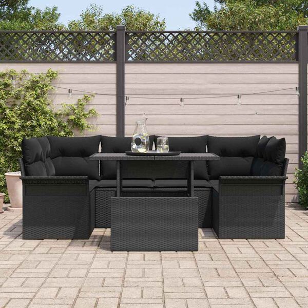vidaXL Havesofa S&aelig;t med pude 7 pcs Sort Poly rattan