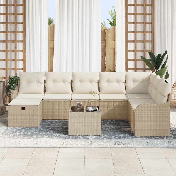 vidaXL Havesofa S&aelig;t med pude med opbevaring 9 pcs Beige Poly rattan