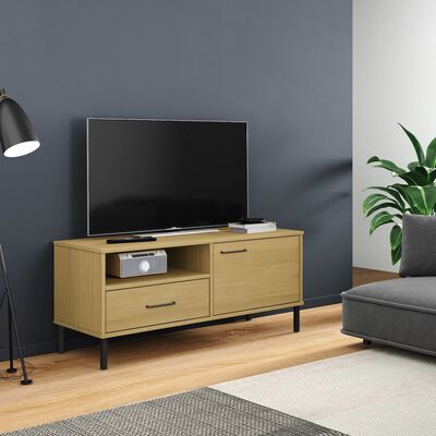 vidaXL tv-bord med metalben OSLO massivt fyrretræ brun