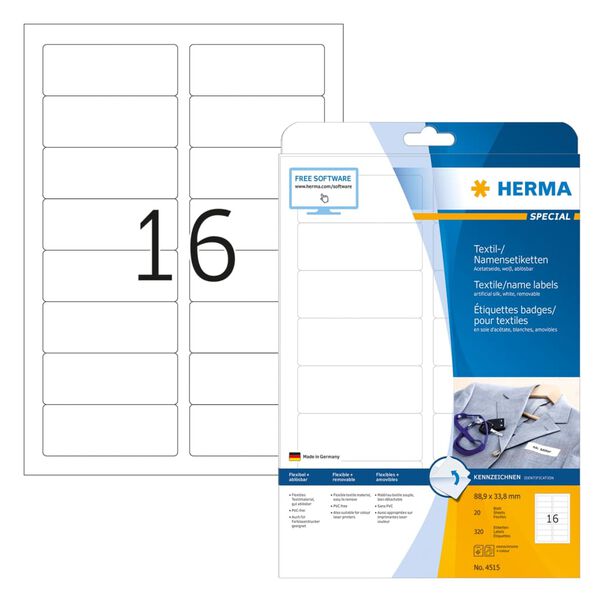 HERMA aftagelige tekstiletiketter A4 88,9x33,8 mm 20 ark