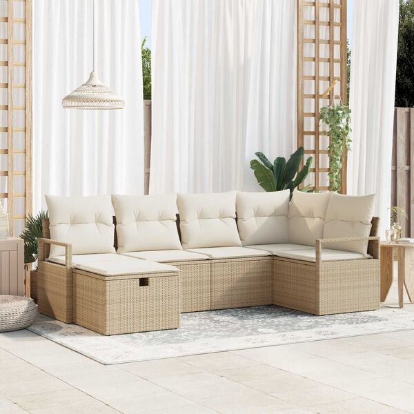vidaXL Havesofa S&aelig;t med pude med opbevaring 6 pcs Beige Poly rattan