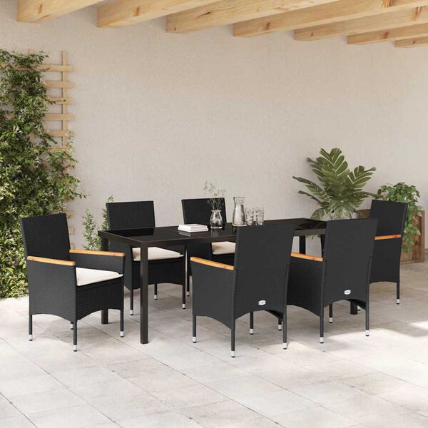 vidaXL Have Spisebordss&aelig;t med pude 7 pcs Sort polyrattan