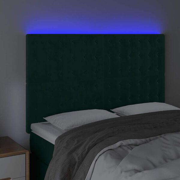 vidaXL sengegavl med LED-lys 144x5x118/128 cm fl&oslash;jl m&oslash;rkegr&oslash;n