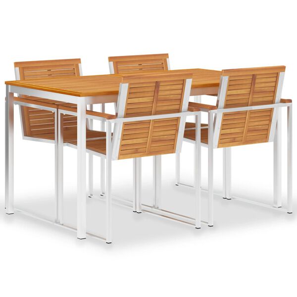 vidaXL spisebordss&aelig;t 5 dele massivt teaktr&aelig; og rustfrit st&aring;l