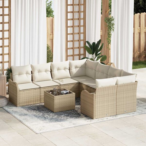 vidaXL Havesofa S&aelig;t 9 pcs Beige og creme Poly Rattan og St&aring;l og Glas