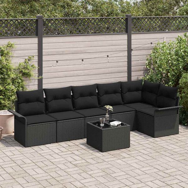 vidaXL Havesofa S&aelig;t med pude 7 pcs Sort polyrattan
