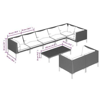 vidaXL loungesæt til haven 9 dele med hynder polyrattan mørkegrå
