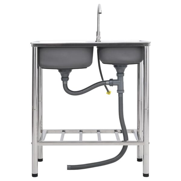 vidaXL campingvask med hane dobbeltvask rustfrit st&aring;l