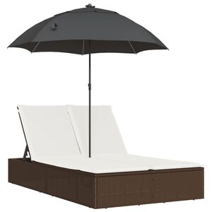 vidaXL dobbelt loungesofa med hynder og parasol polyrattan brun