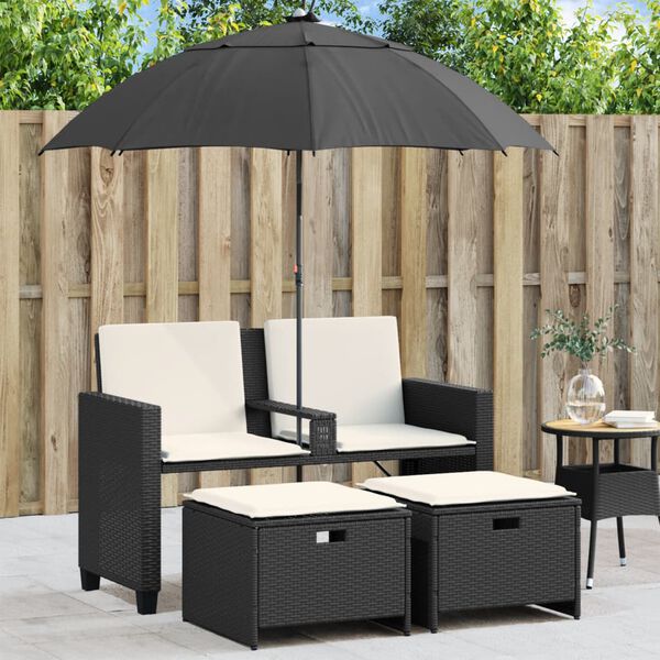 vidaXL 2-personers havesofa med parasol og skamler polyrattan sort