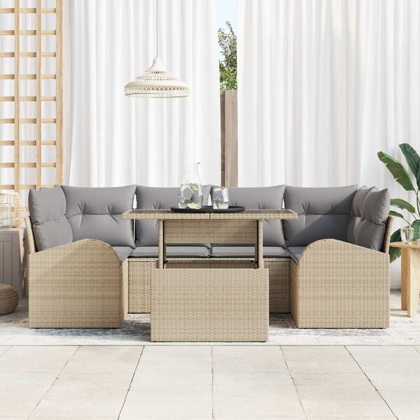 vidaXL Havesofa S&aelig;t med pude med opbevaring 7 pcs Beige Poly Rattan