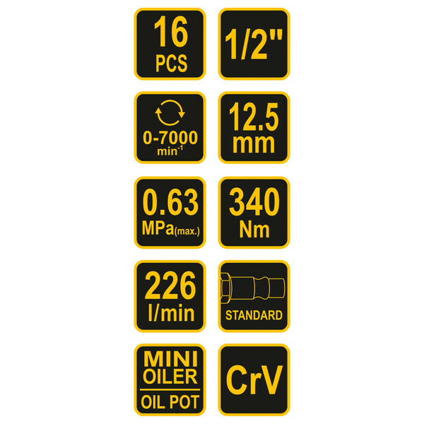 VOREL luftslagn&oslash;gles&aelig;t 16 dele 1/2"