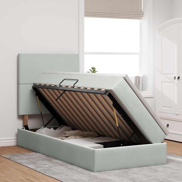 vidaXL Seng med opbevaring og madras Lysegr&aring; 90 x 190 cm Fl&oslash;jl