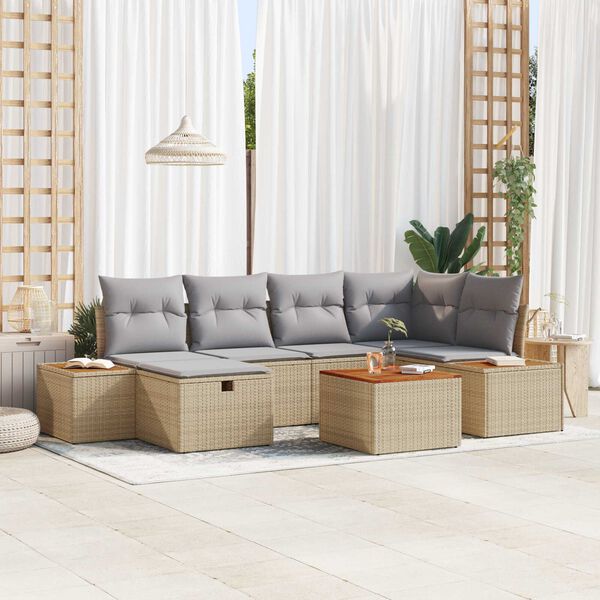vidaXL Havesofa Sæt med pude med opbevaring 7 pcs Beige polyrattan