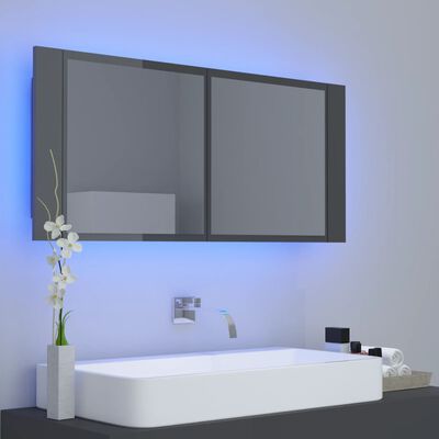 vidaXL badeværelsesskab m. spejl+LED-lys 100x12x45 akryl grå højglans