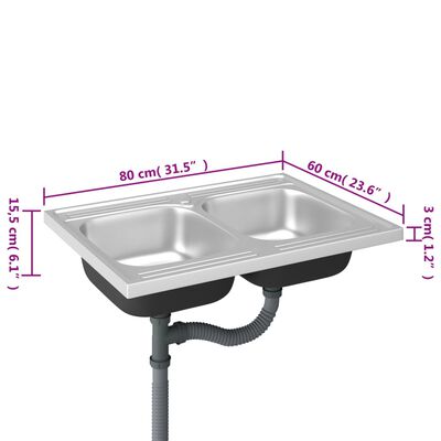 vidaXL køkkenvask med 2 bassiner 800x600x155 mm rustfrit stål sølv