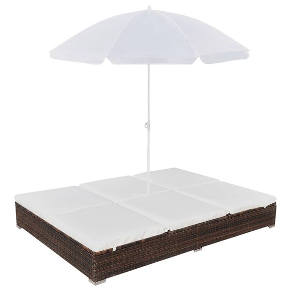 vidaXL loungeseng med parasol polyrattan brun
