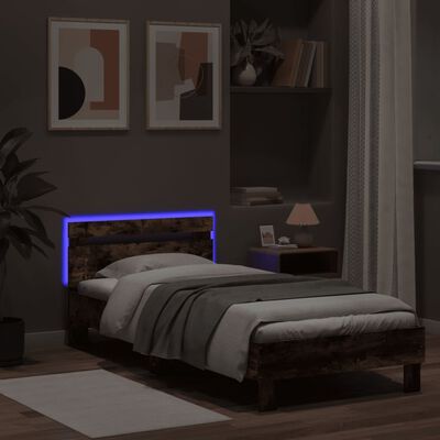 vidaXL sengeramme med sengegavl og LED-lys 75x190 cm røget egetræ