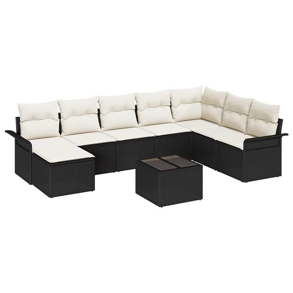 vidaXL Havesofa Sæt med pude 9 pcs Sort Poly rattan