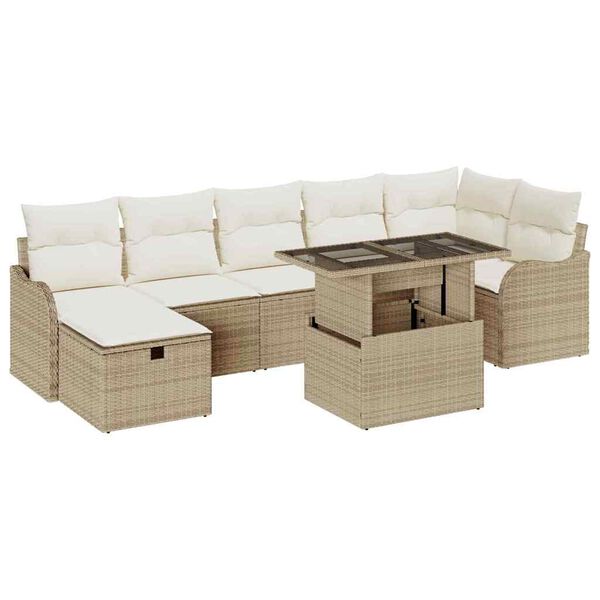 vidaXL Havesofa S&aelig;t med pude med opbevaring 8 pcs Beige Poly rattan