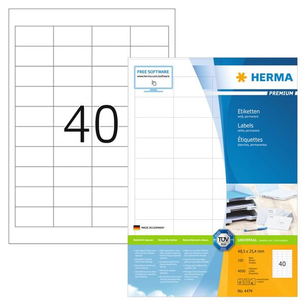 HERMA permanente etiketter PREMIUM A4 48,3x25,4 mm 100 ark