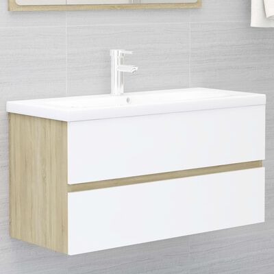 vidaXL vaskeskab med indbygget håndvask spånplade hvid og sonoma-eg