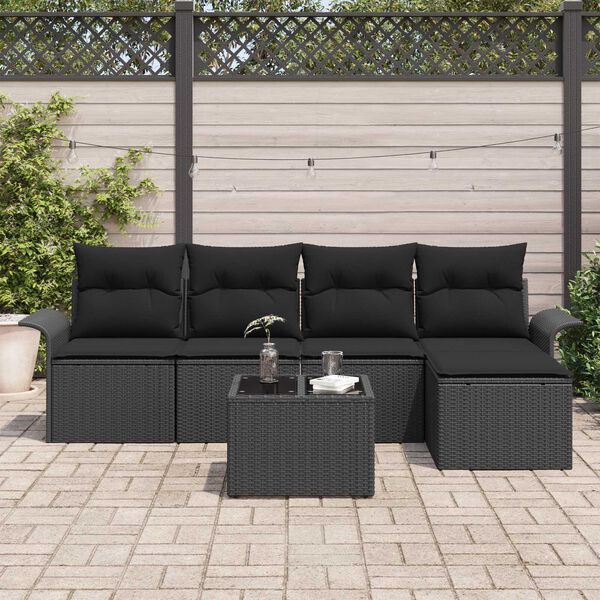 vidaXL Havesofa S&aelig;t med pude med opbevaring 6 pcs Sort polyrattan
