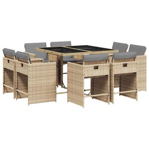 vidaXL spisebordss&aelig;t til haven 9 dele med hynder polyrattan beige