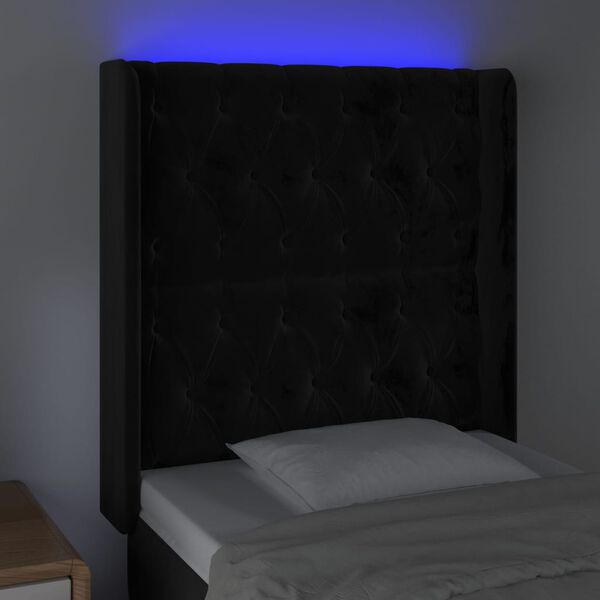 vidaXL sengegavl med LED-lys 83x16x118/128 cm fl&oslash;jl sort
