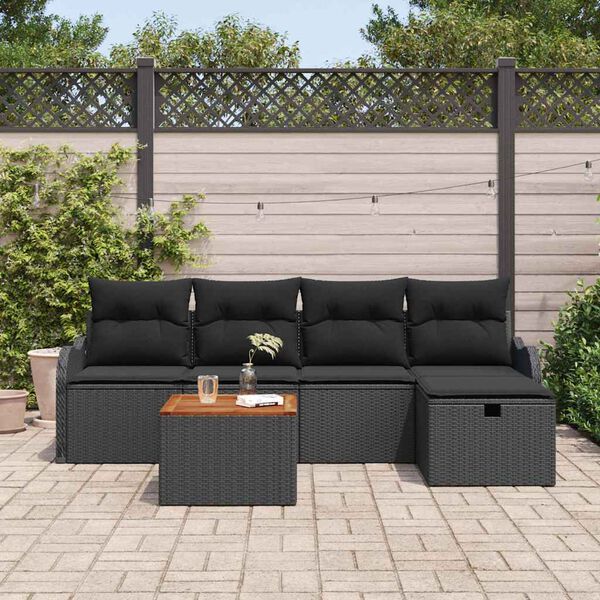 vidaXL Havesofa S&aelig;t med pude med opbevaring 6 pcs Sort polyrattan