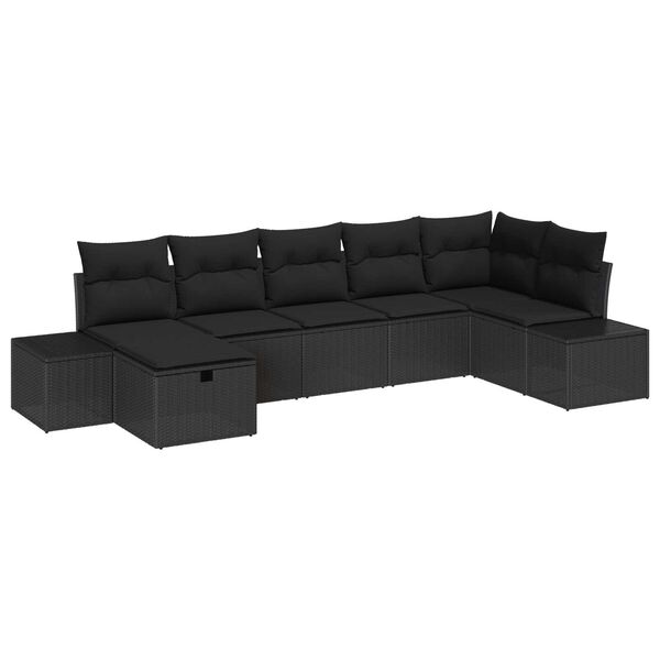 vidaXL Havesofa Sæt med pude 7 pcs Sort polyrattan