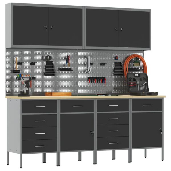 vidaXL Arbejdsskab med skuffe med l&aring;s 10 pcs Sort Ingeni&oslash;rtr&aelig; og st&aring;l