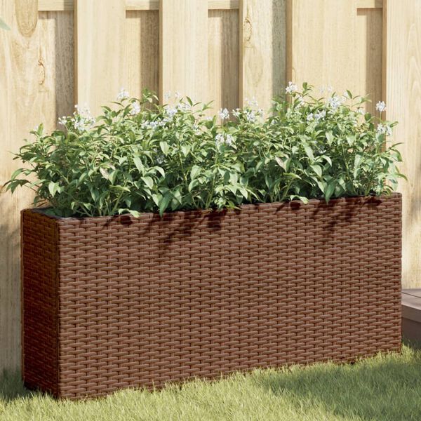 vidaXL plantekasse med hjul og 2 krukker 90x20x40 cm polyrattan brun