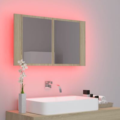 vidaXL badeværelsesskab m. spejl og LED-lys 80x12x45cm akryl sonoma-eg