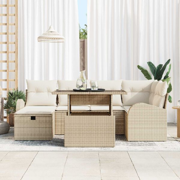 vidaXL Havesofa S&aelig;t med pude med opbevaring 7 pcs Beige Poly rattan