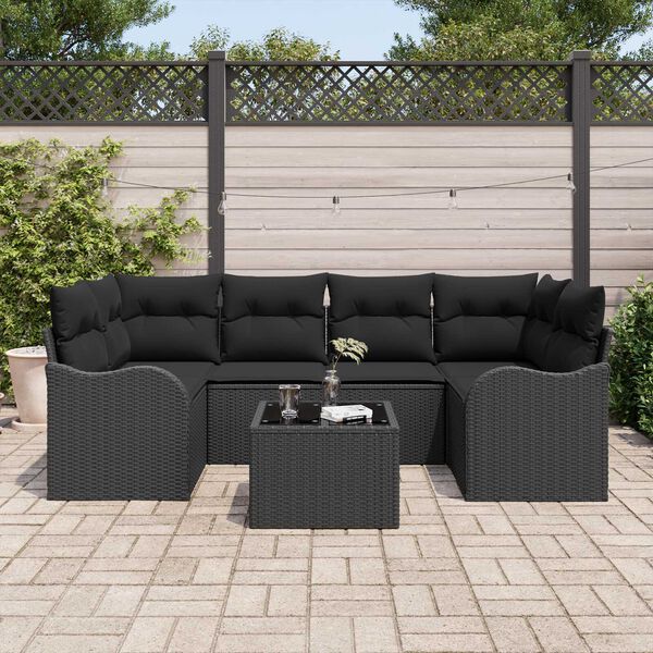 vidaXL Havesofa S&aelig;t med pude 7 pcs Sort Polyrattan og st&aring;l og glas